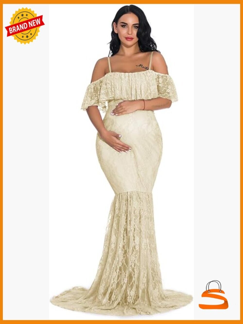 Fitted Lace Maternity Gown Off Shoulder Ruffle Sleeve Mermaid Dress for